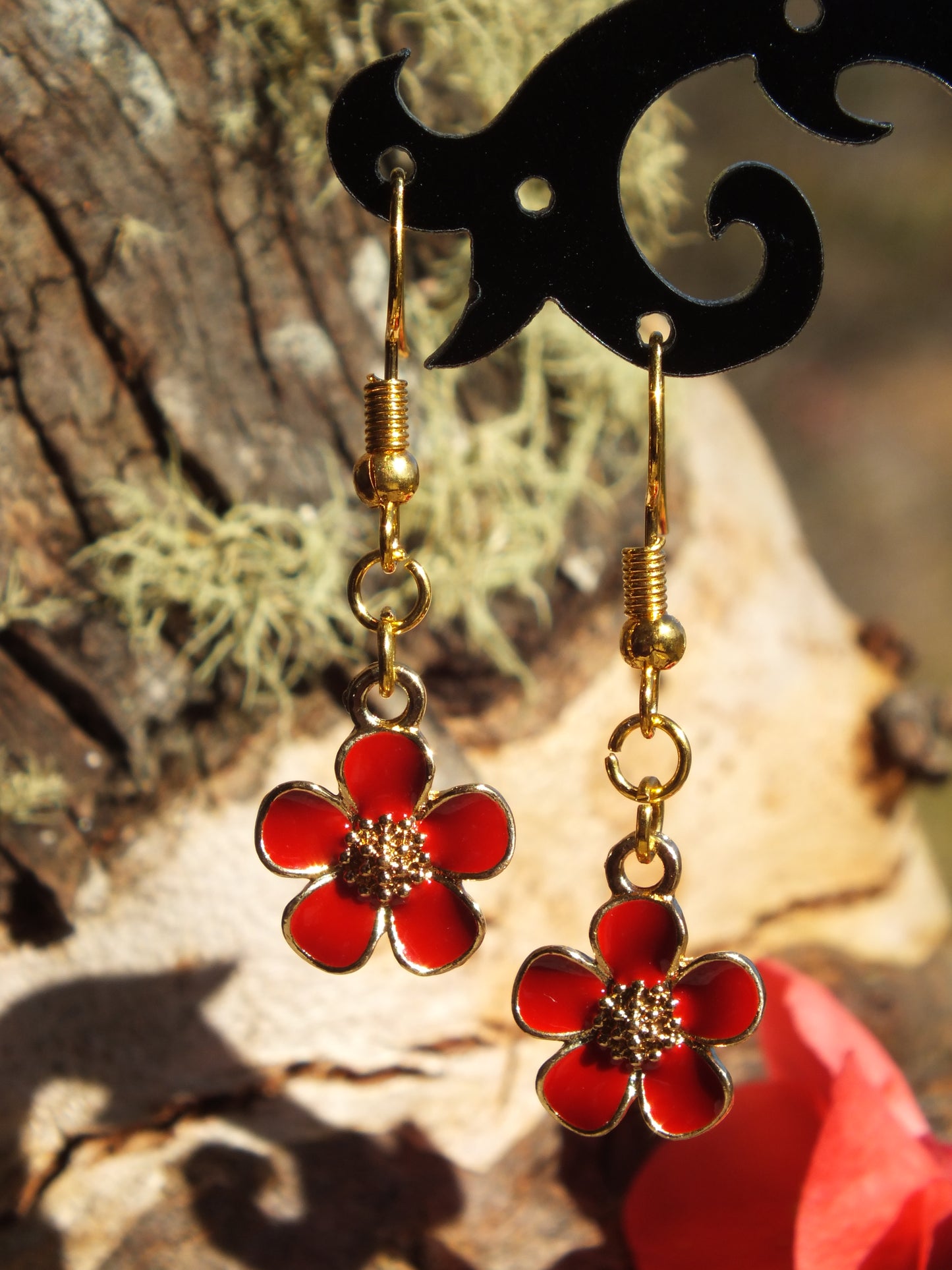 Gold Enamel Poppy Earrings