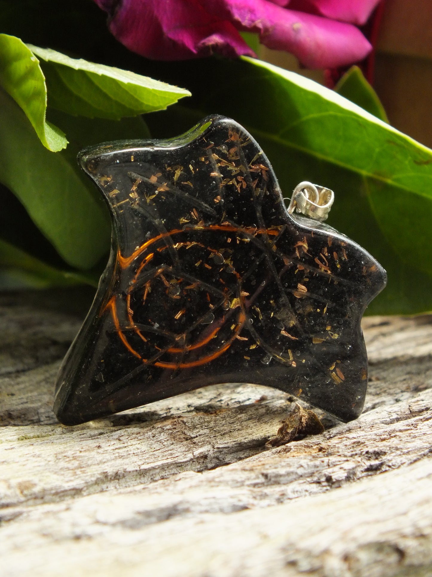 Black Tourmaline Leaf Orgonite Pendant