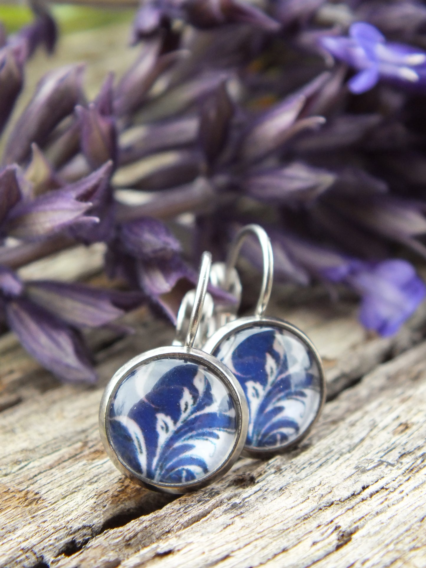 Blue & White Fleur De Lis Cabochon Earrings