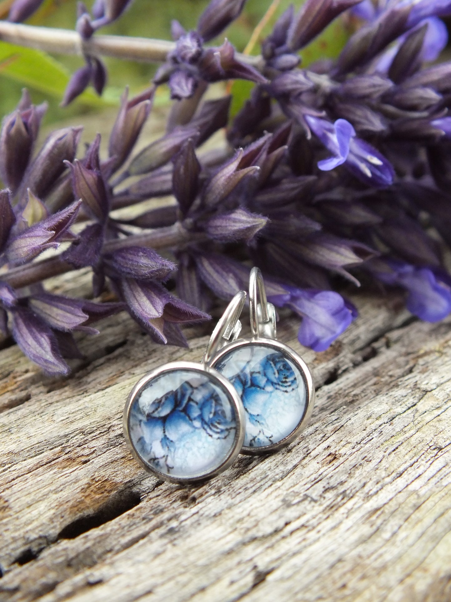 Blue & White Rose Cabochon Earrings