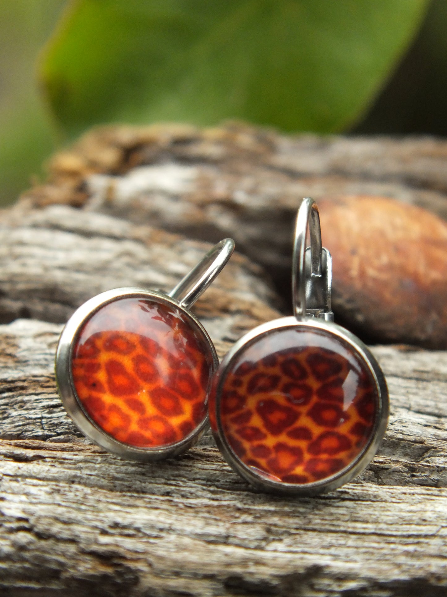 Orange Leopard Print Cabochon Earrings