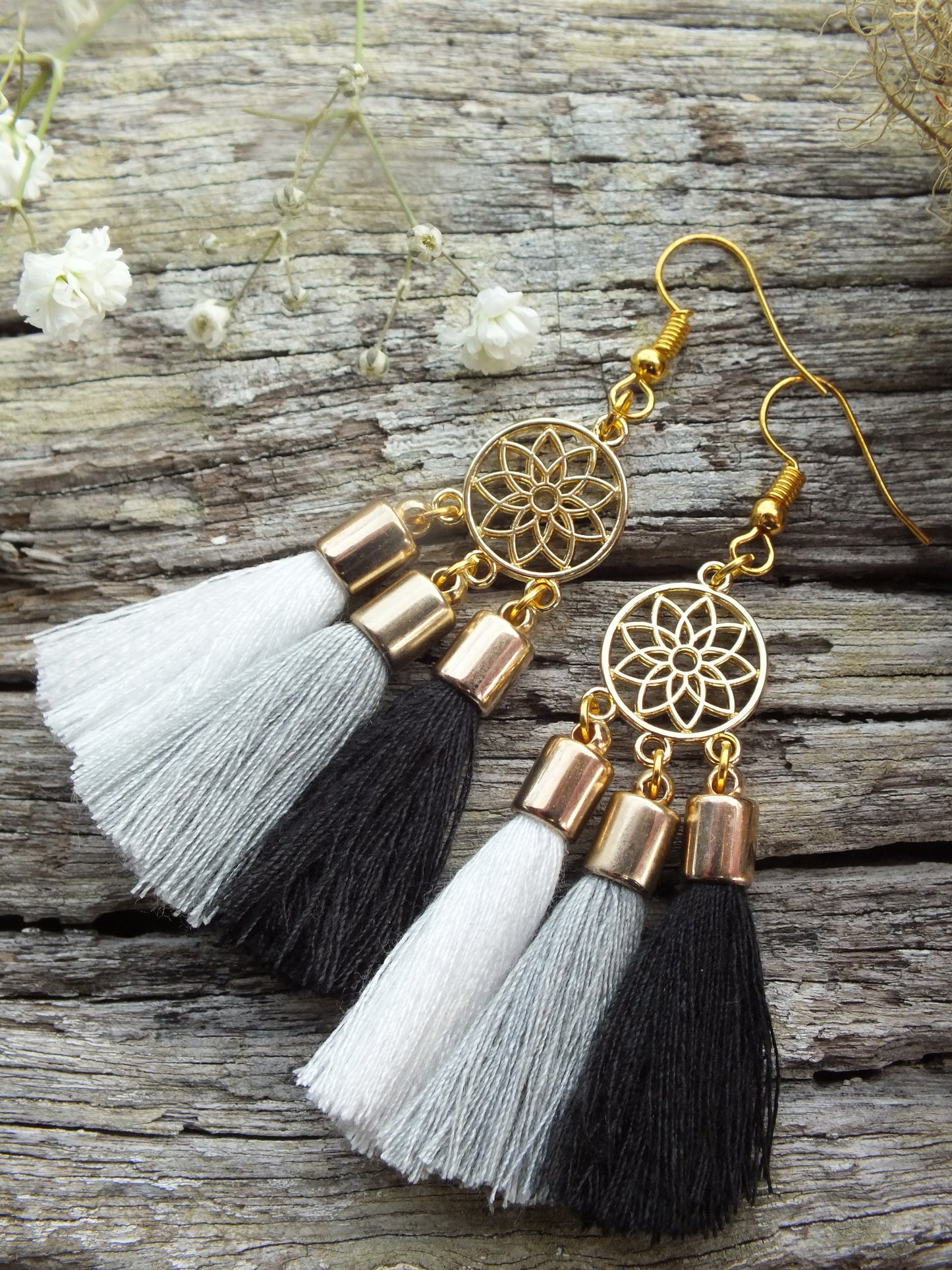 Gold Mandala Tassel Earrings
