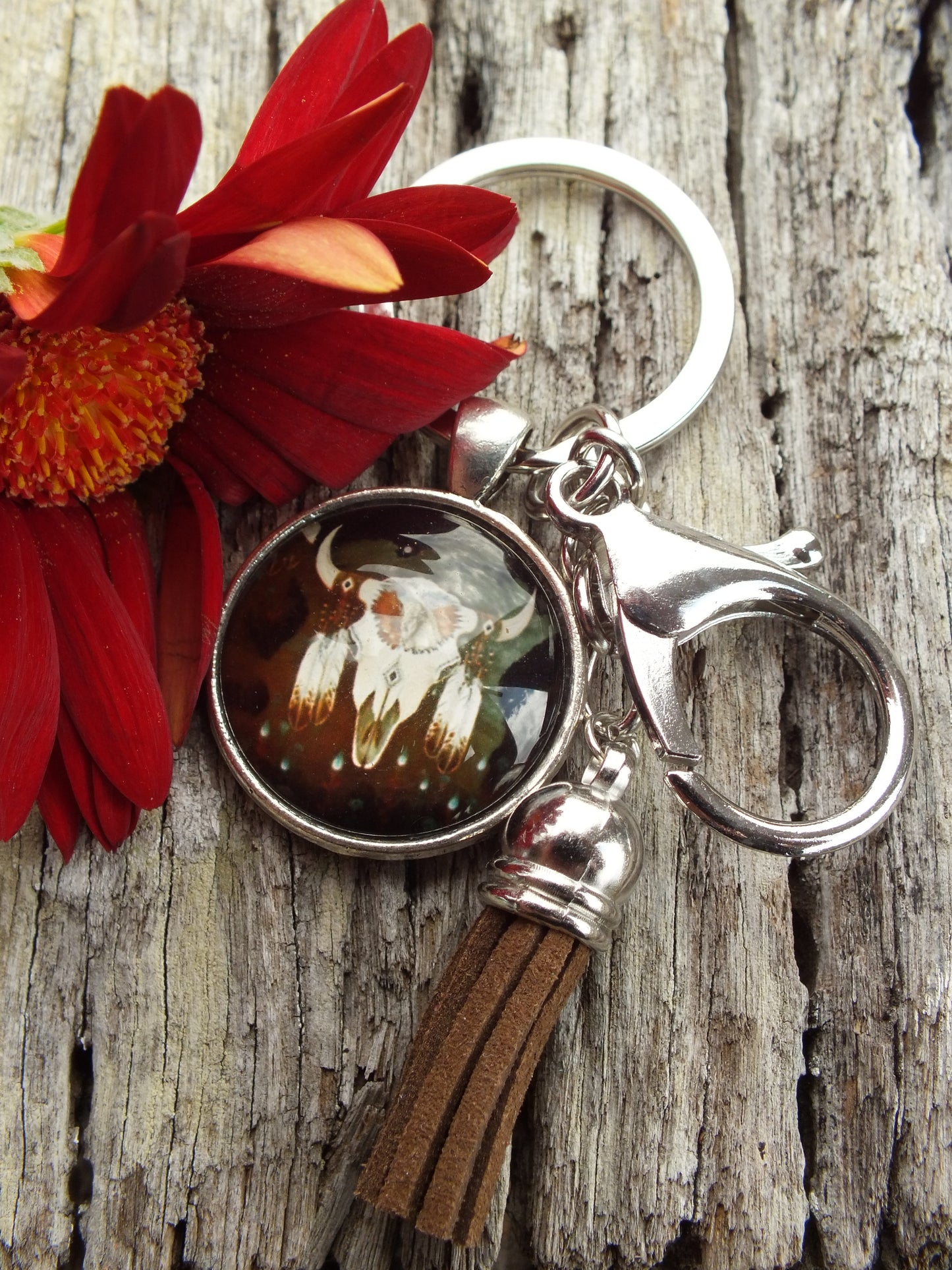 Native American Inspired Cow Skull Tassel Keyring