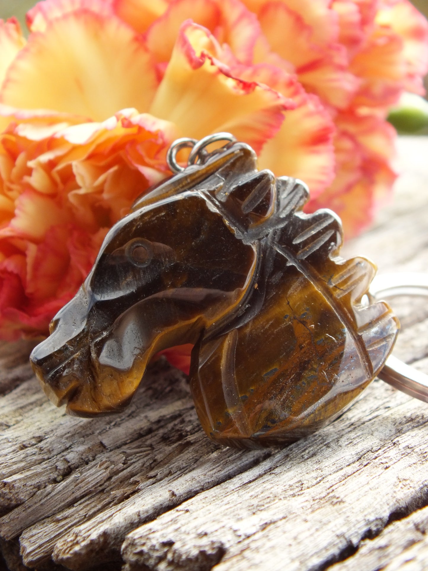 Carved Tigers Eye Horse Head Keyring