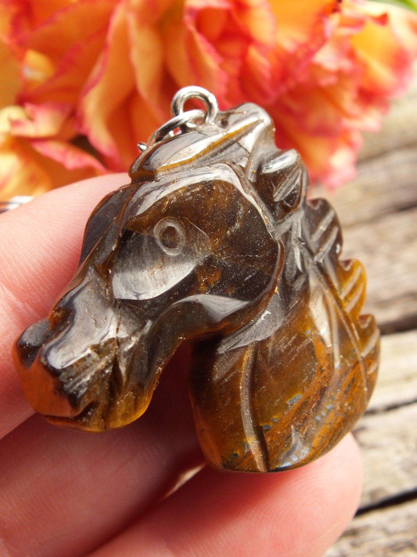 Carved Tigers Eye Horse Head Keyring