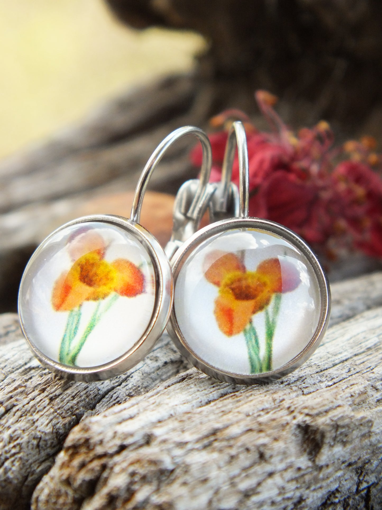 Orange Canna Lily Cabochon Earrings