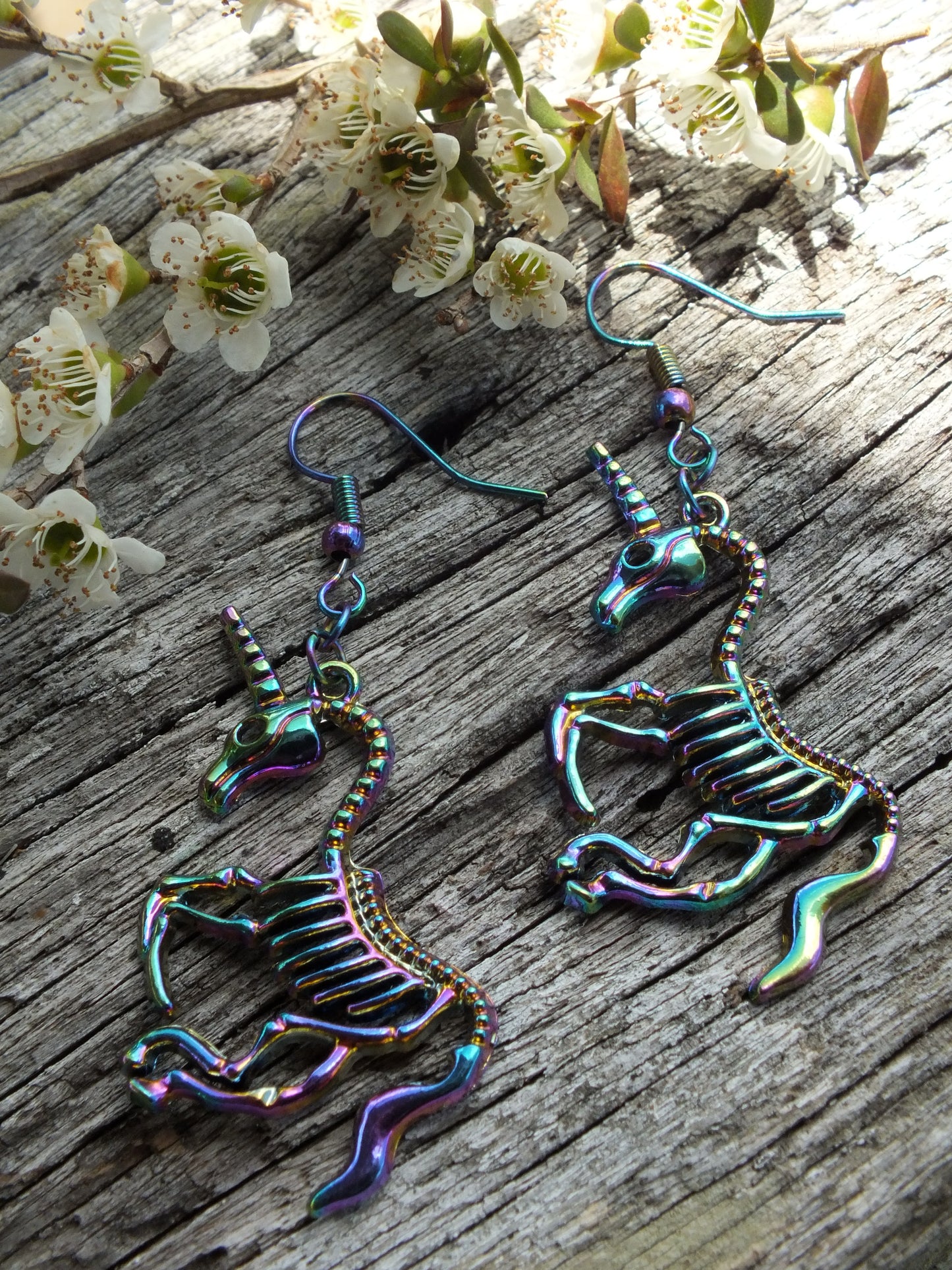 Rainbow Finish Unicorn Skeleton Earrings