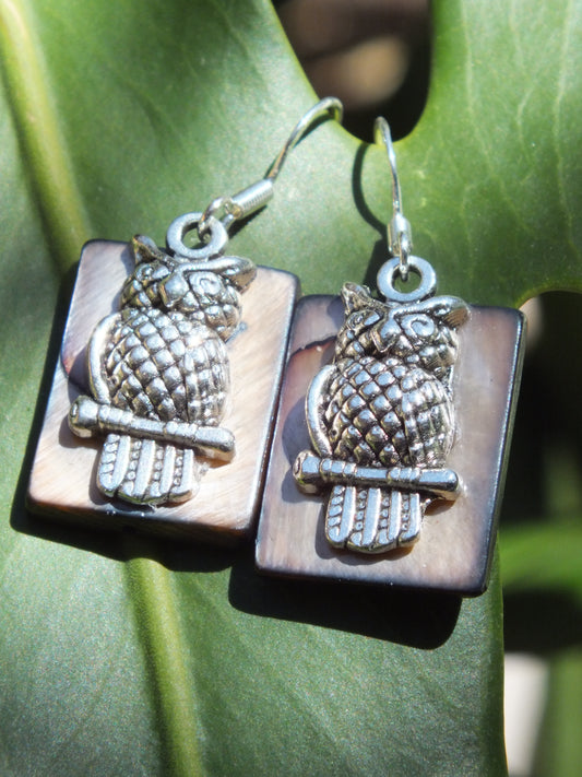 Owl On Mother Of Pearl Charm Earrings