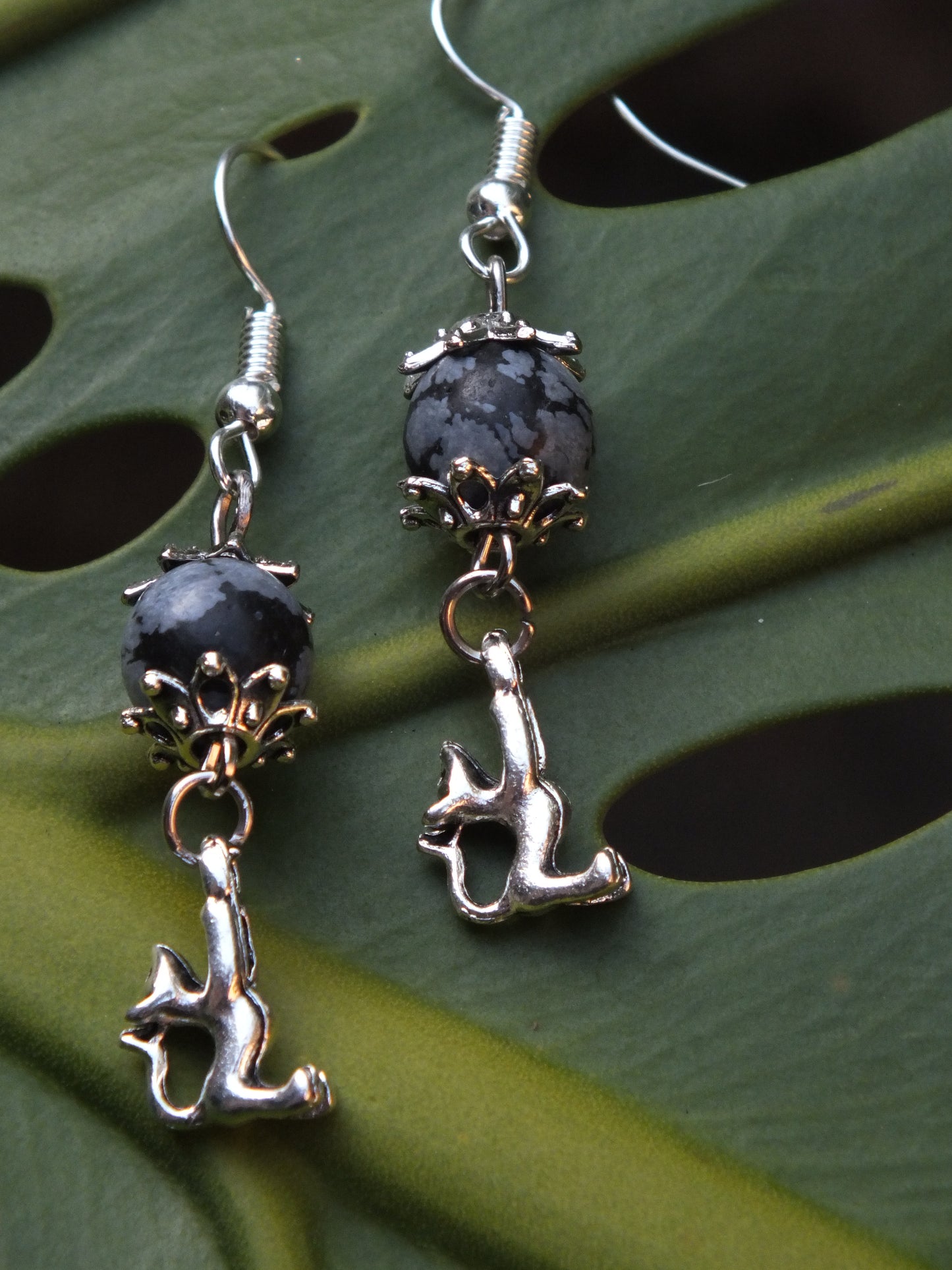 Snowflake Obsidian Cat Charm Earrings