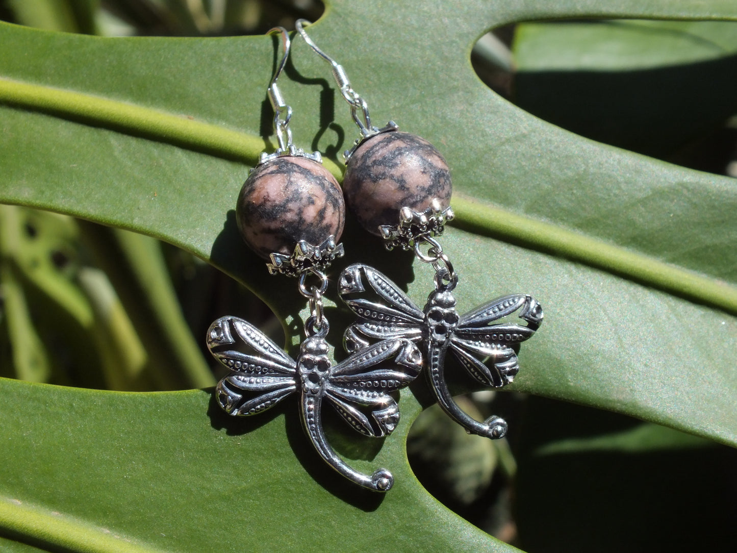 Rhodonite Dragonfly Charm Earrings