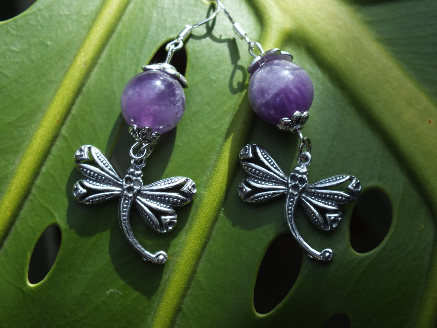 Amethyst Dragonfly Charm Earrings