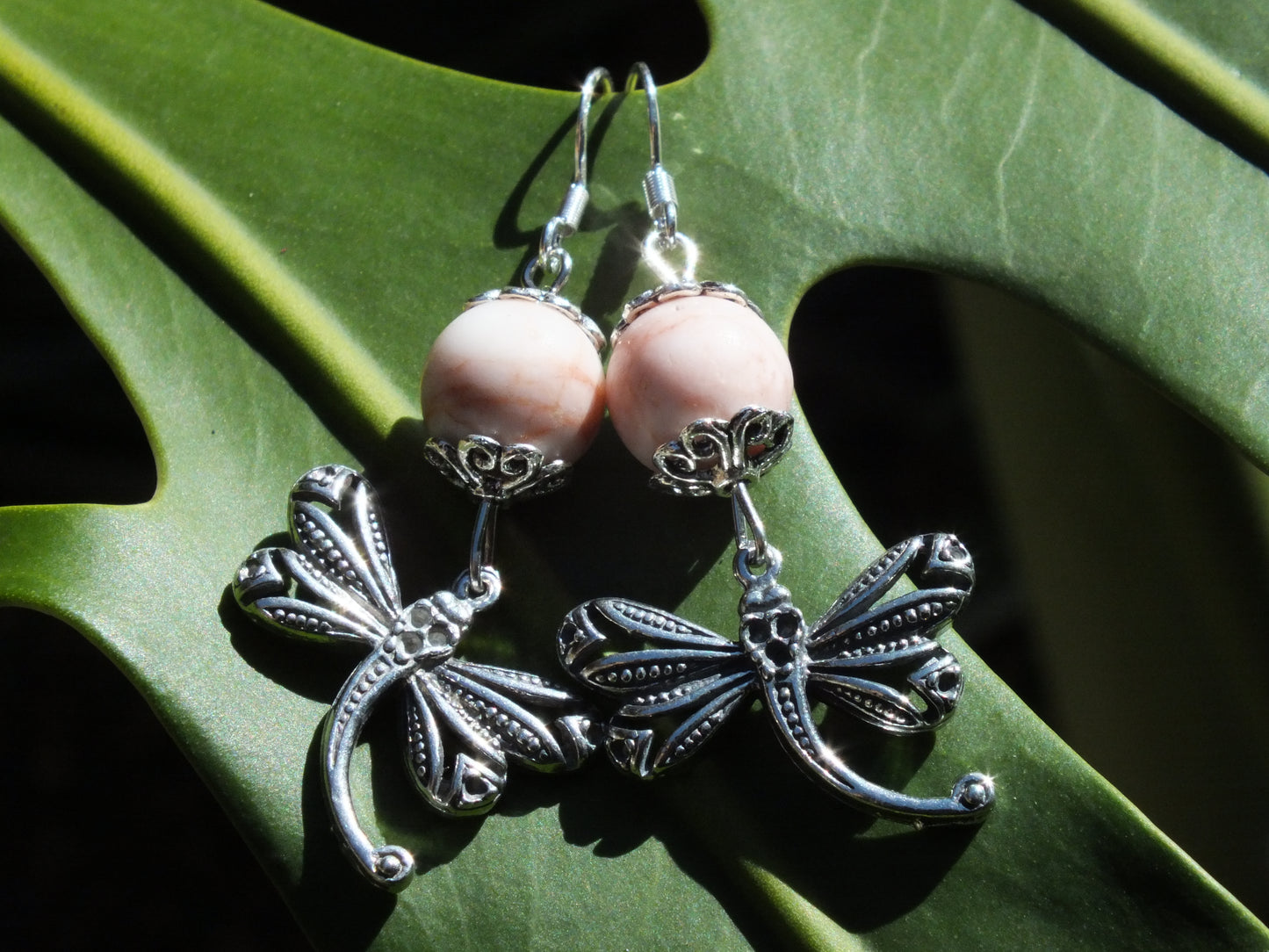 Pink Zebra Jasper Dragonfly Charm Earrings