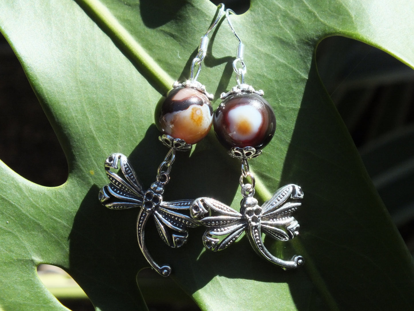 Banded Agate Dragonfly Charm Earrings