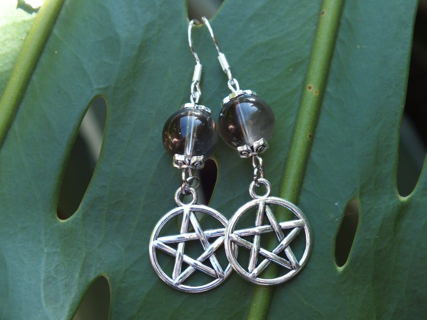 Smoky Quartz & Pentacle Charm Earrings