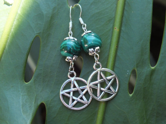 Malachite Pentacle Charm Earrings