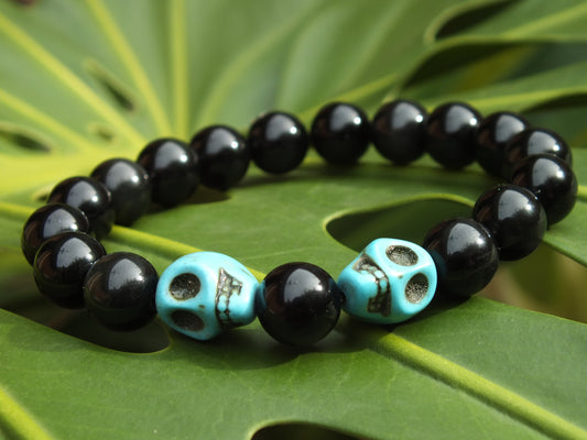 Obsidian & Turquoise Howlite Skull Bracelet