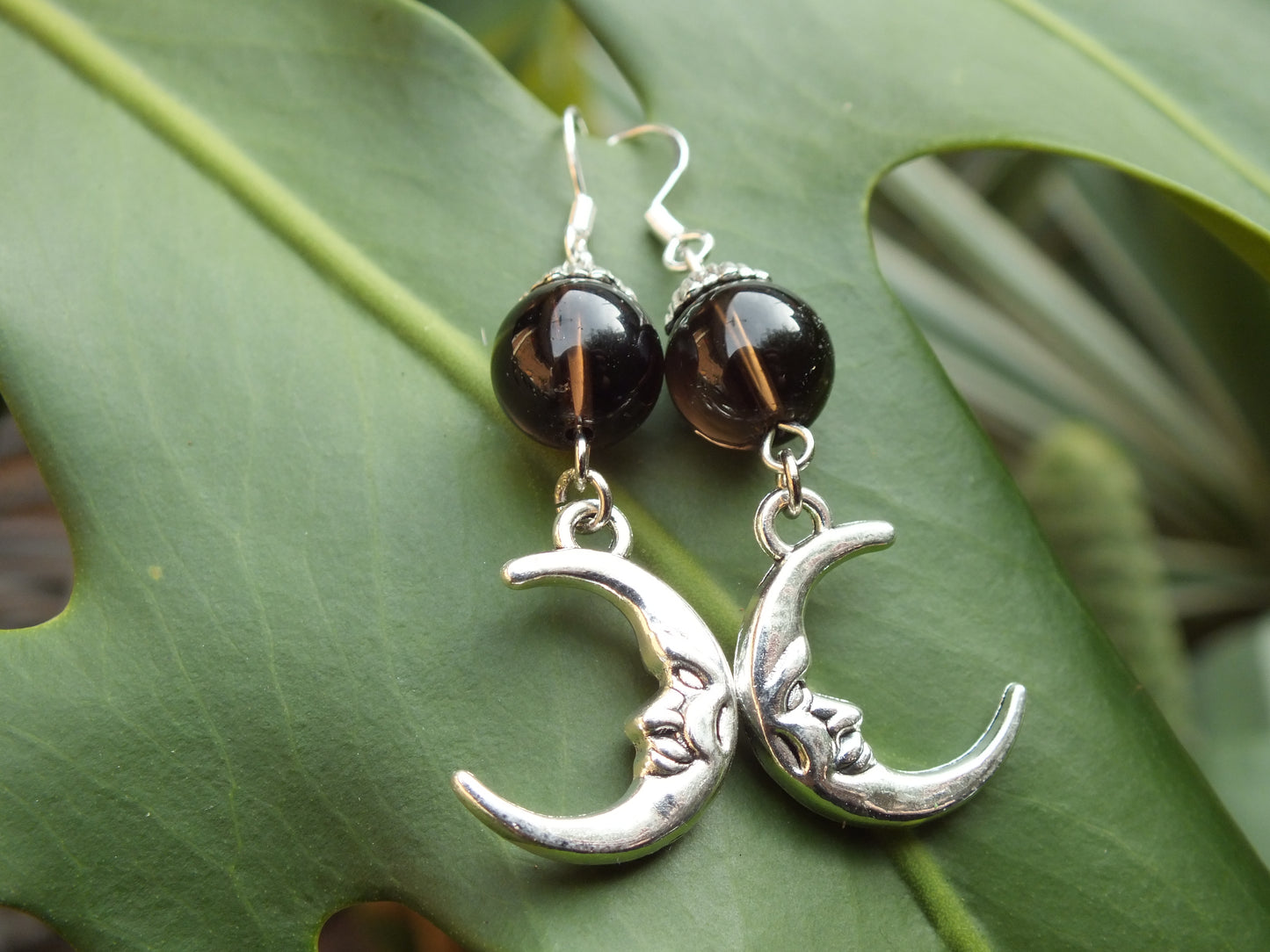 Smoky Quartz Crescent Moon Charm Earrings