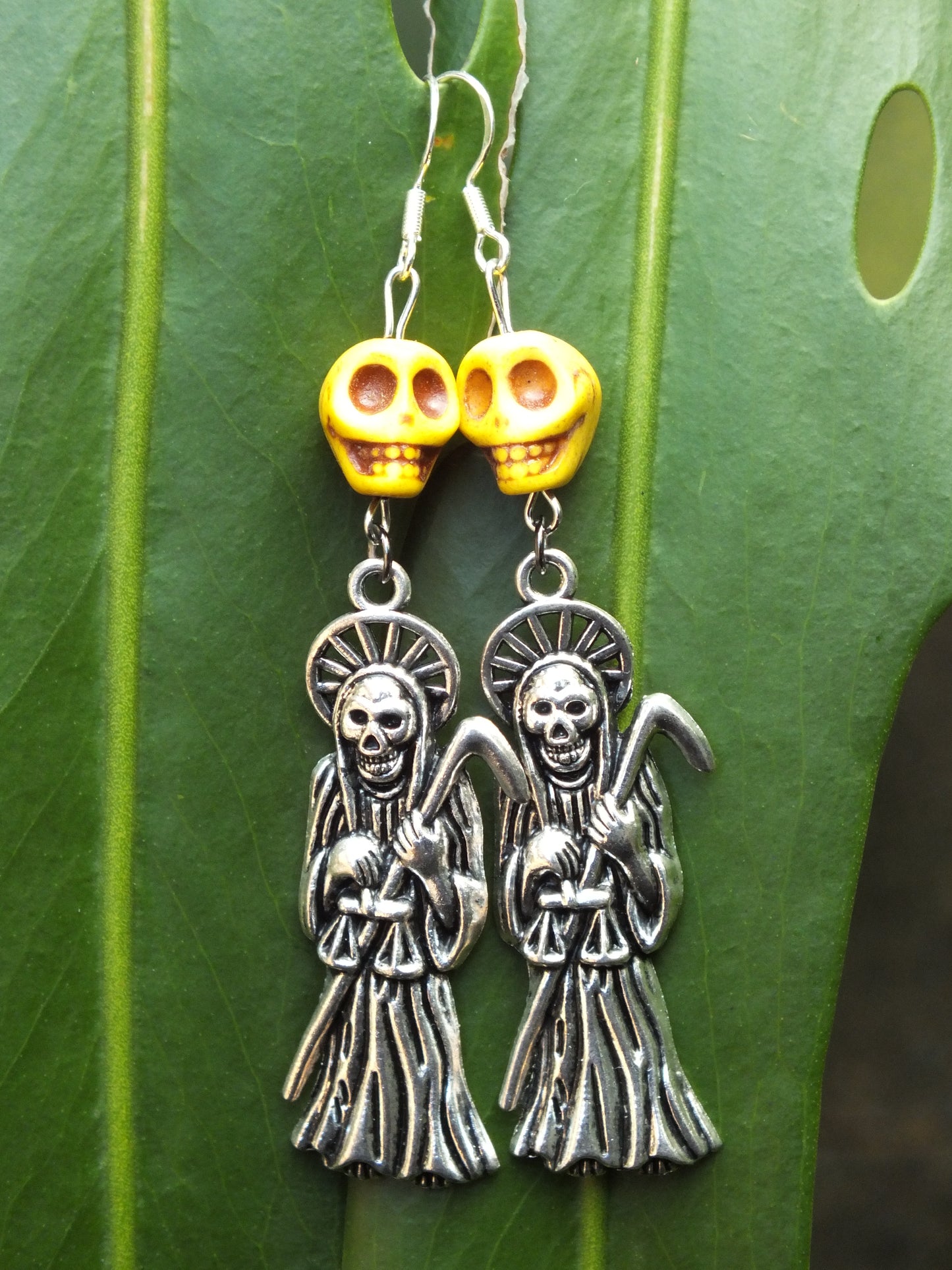 Yellow Howlite Skull Santa Muerte Earrings