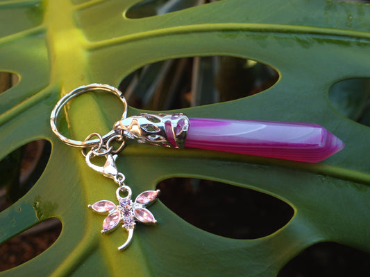 Pink Striped Agate Crystal Point with Diamante Dragonfly Keyring