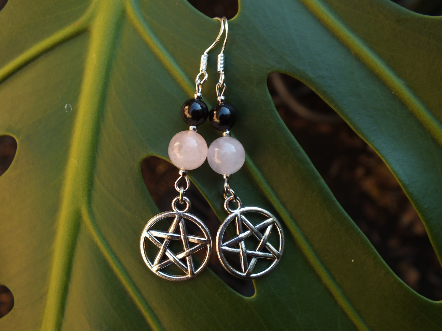 Obsidian & Rose Quartz Pentacle Charm Earrings