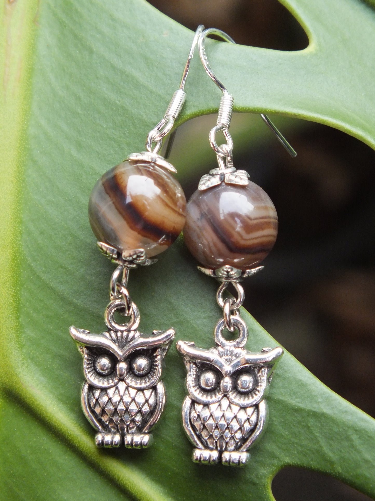 Banded Agate Owl Charm Earrings