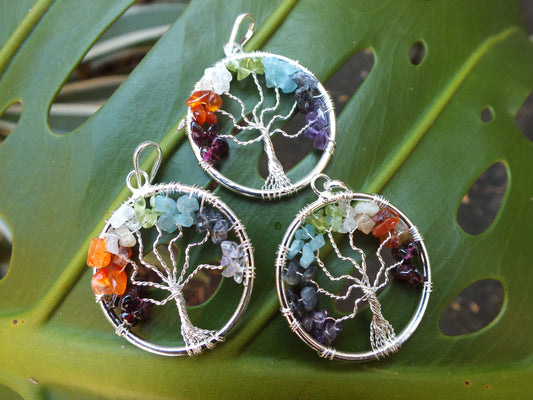 Chakra Crystal Chip Tree Of Life  Wire Pendant