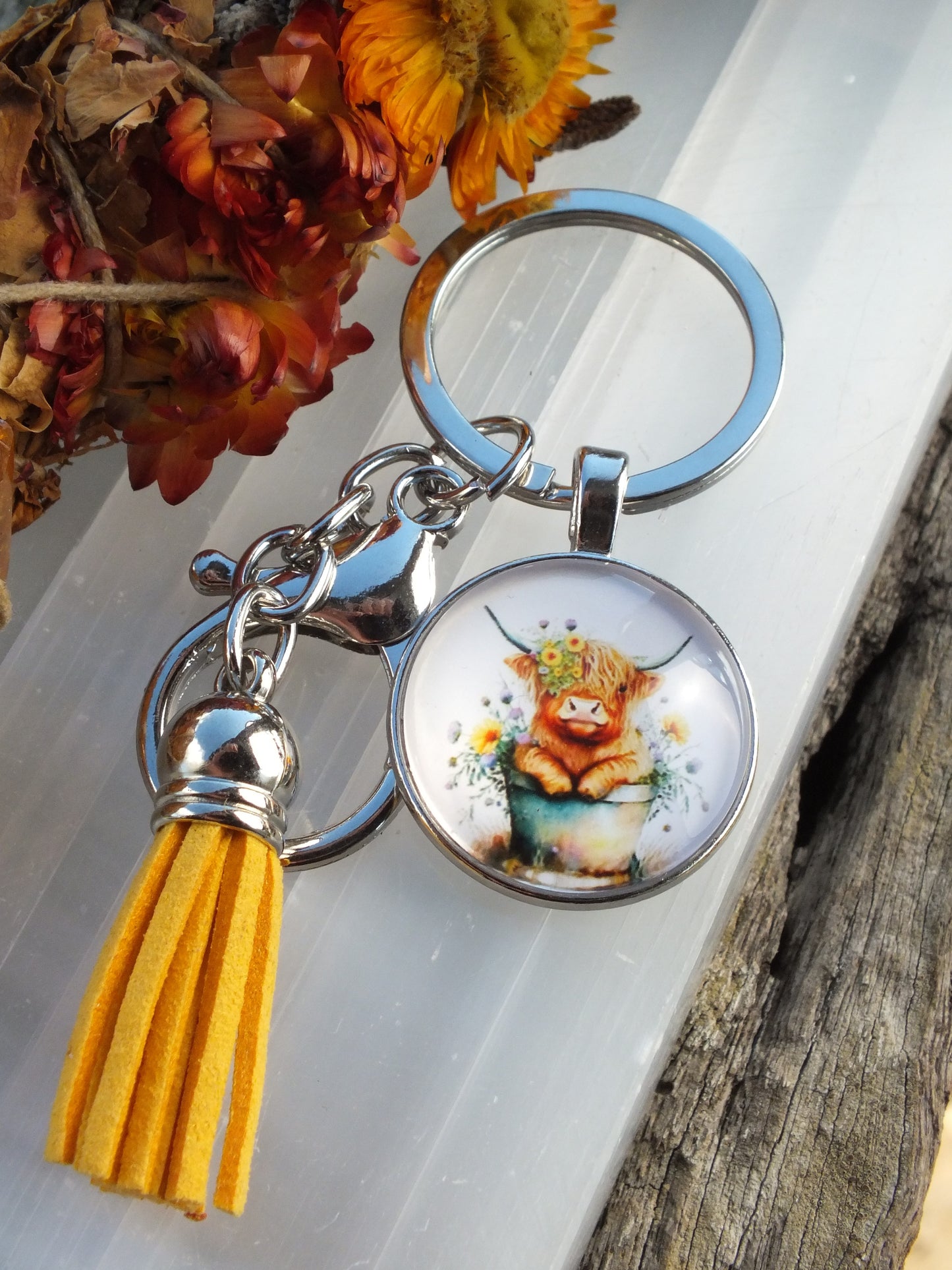 Cute Highland Cow Cabochon Keyring With Tassel