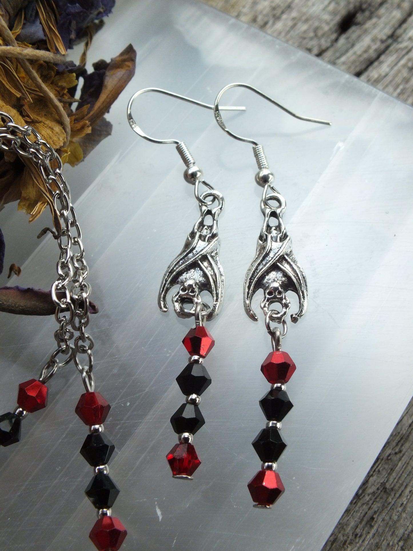 Red & Black Bat Necklace & Earring Set (Silver)