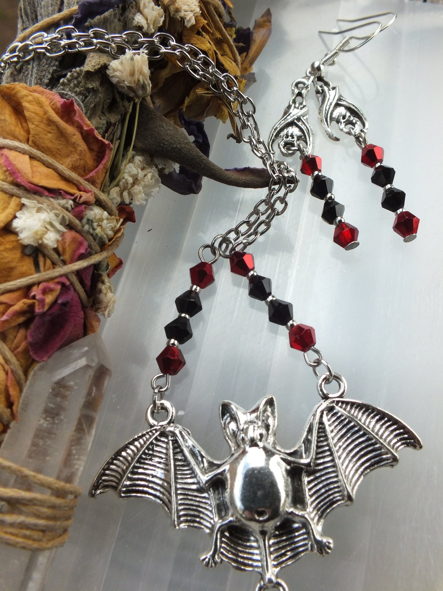 Red & Black Bat Necklace & Earring Set (Silver)