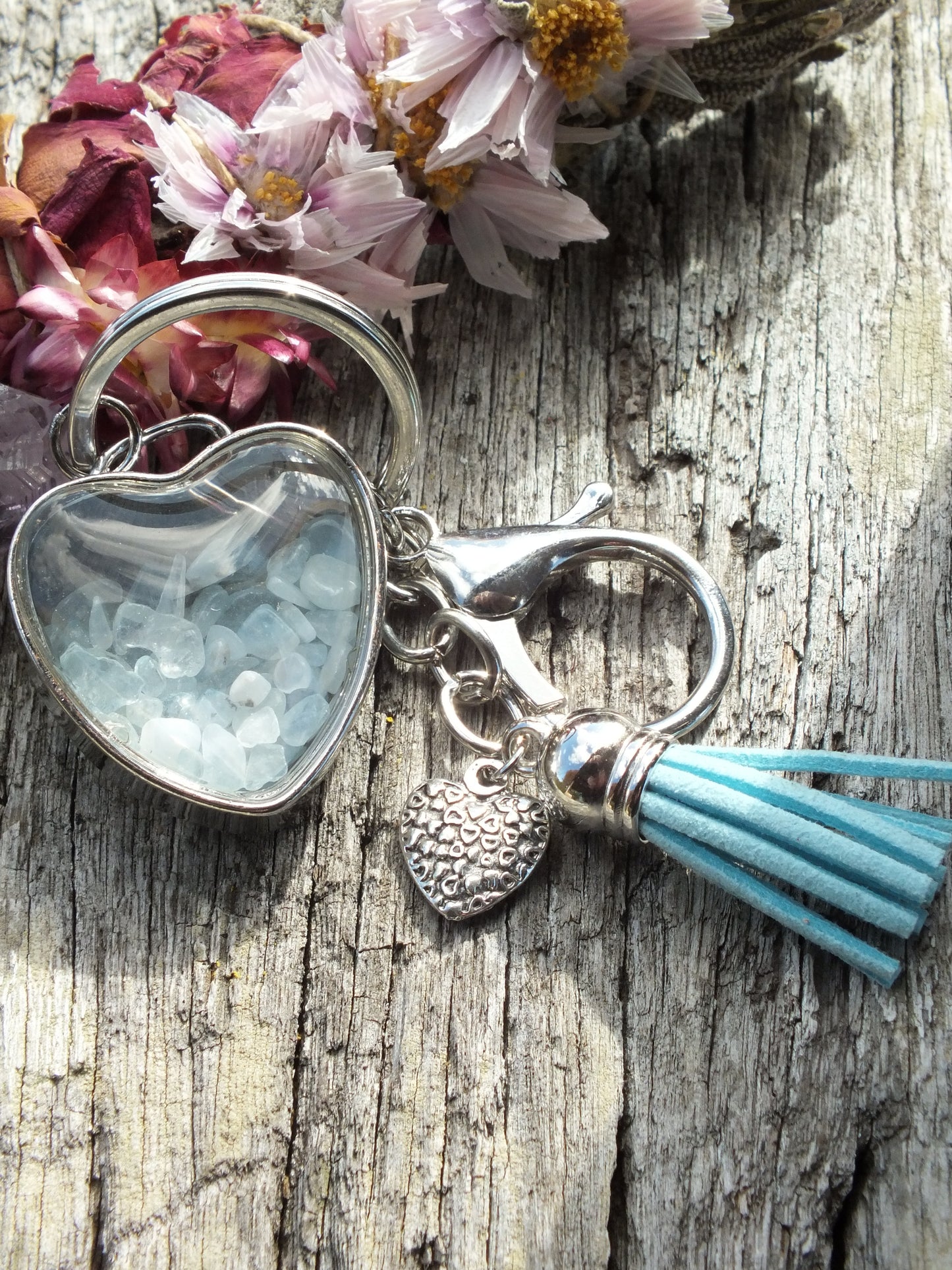 Aquamarine Chip Heart Keyring With Tassel & Heart Charm