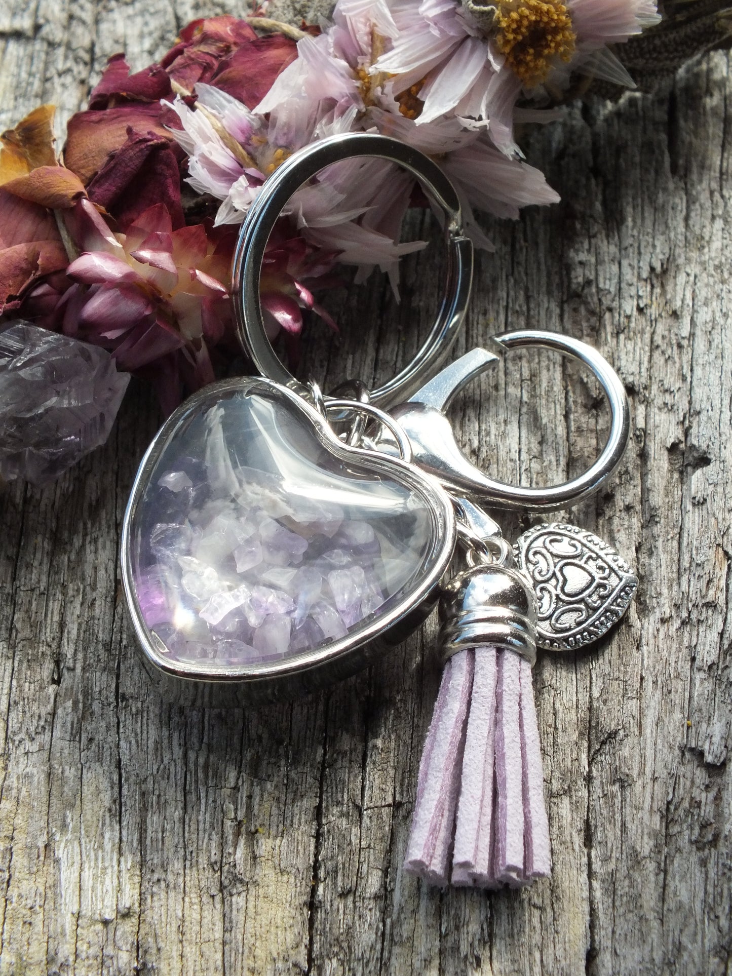 Amethyst Chip Heart Keyring With Tassel & Heart Charm