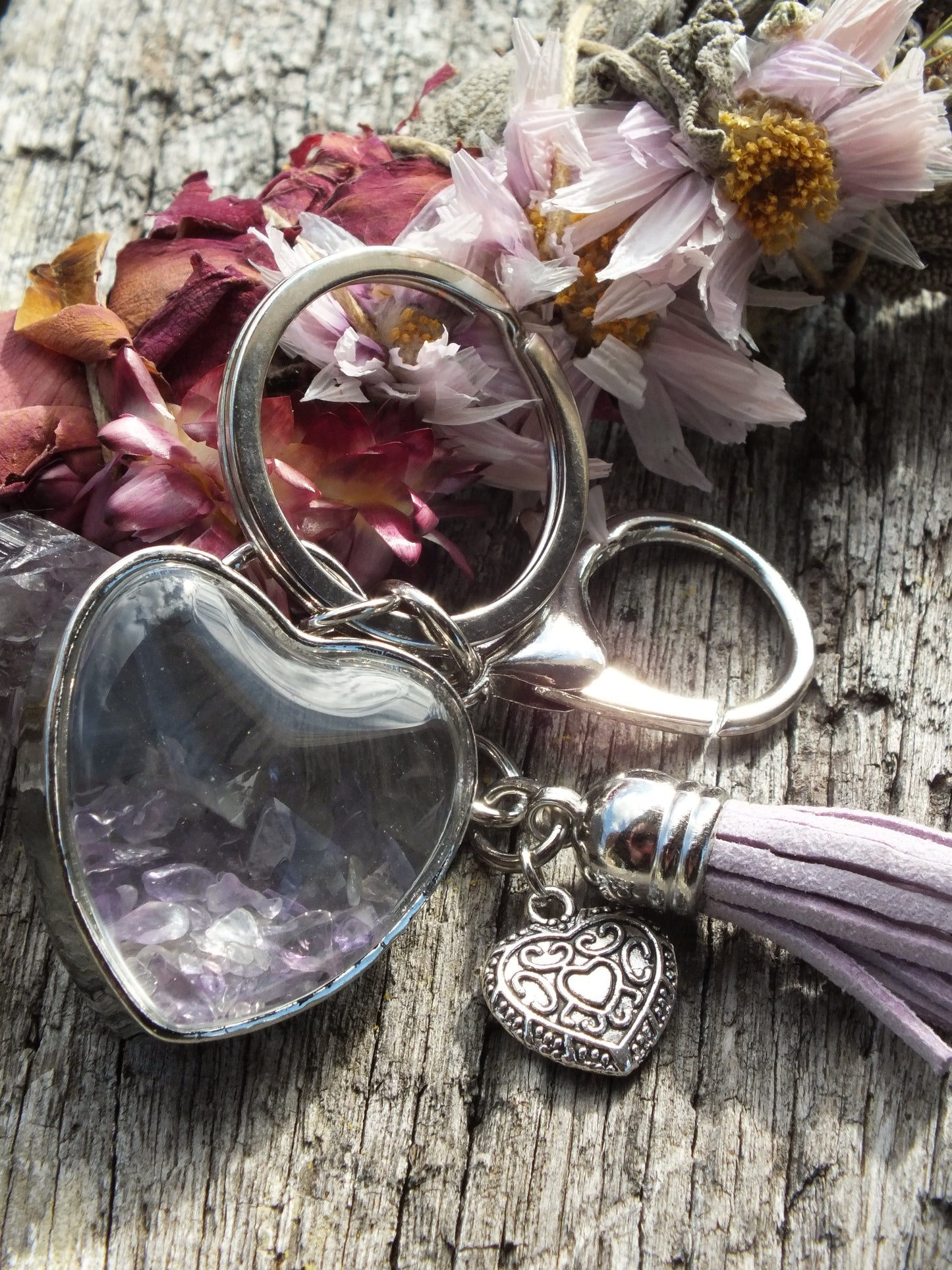 Amethyst Chip Heart Keyring With Tassel & Heart Charm