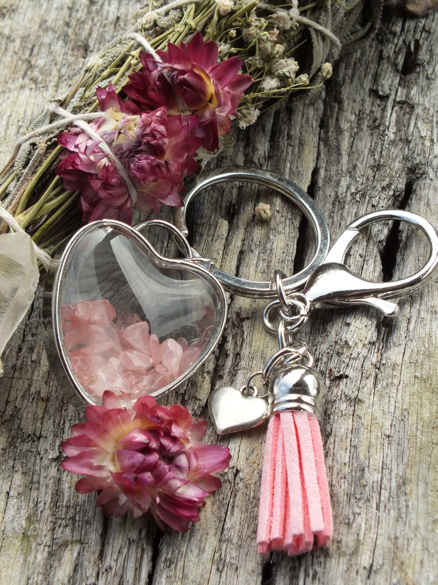 Rose Quartz Chip Heart Keyring With Tassel & Heart Charm