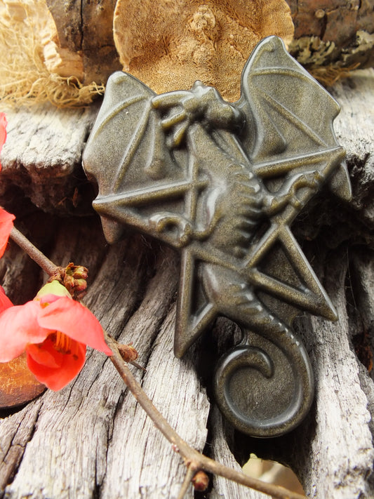 Gold Sheen Obsidian Dragon Carving (Flat Back)