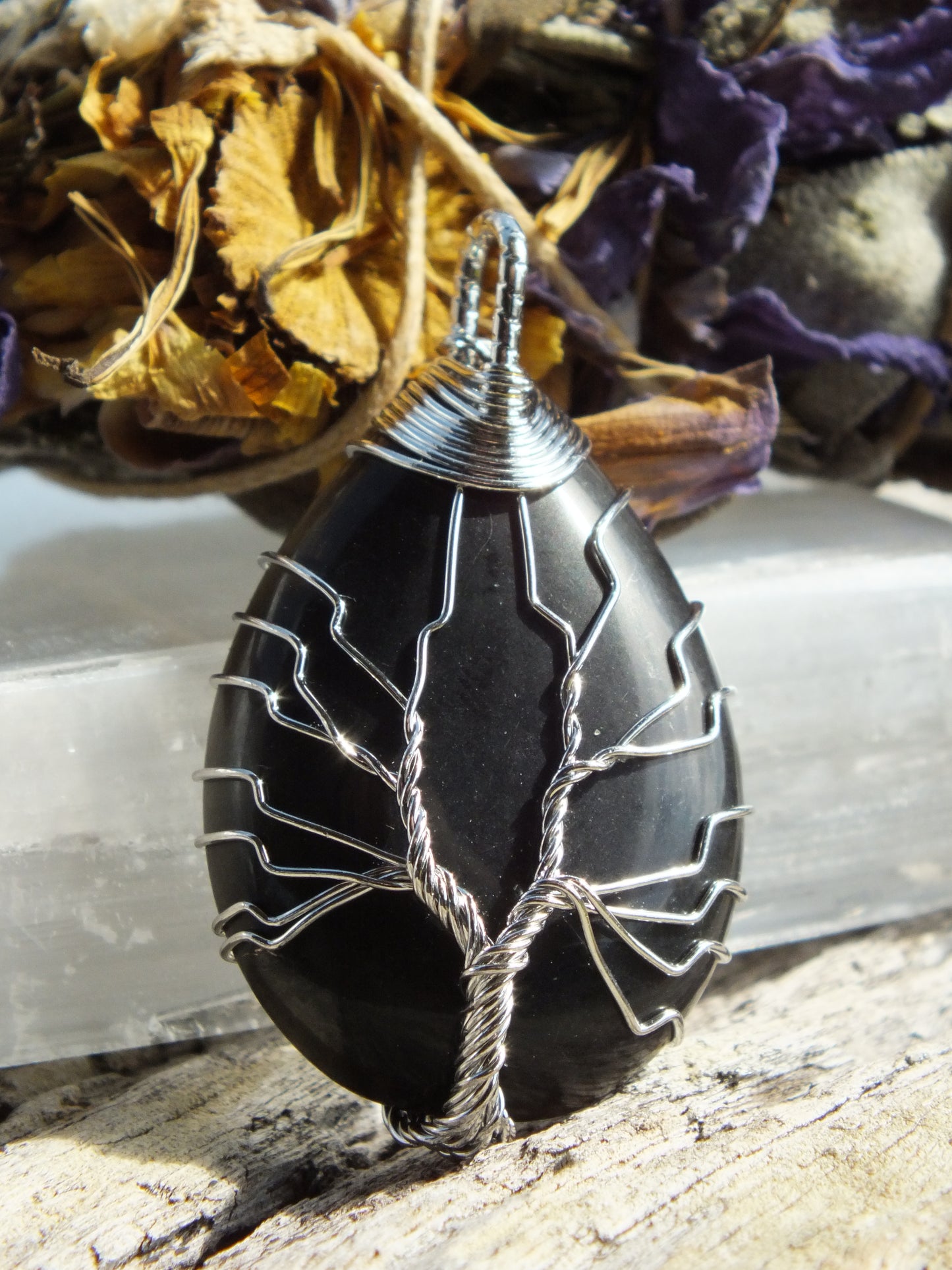 Wire Wrapped Obsidian Tree Of Life Pendant
