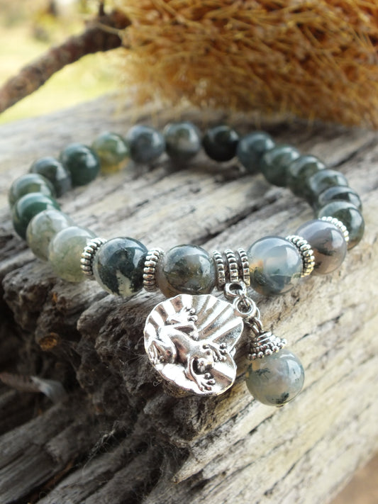 Moss Agate Lily Pad Frog Charm Bracelet