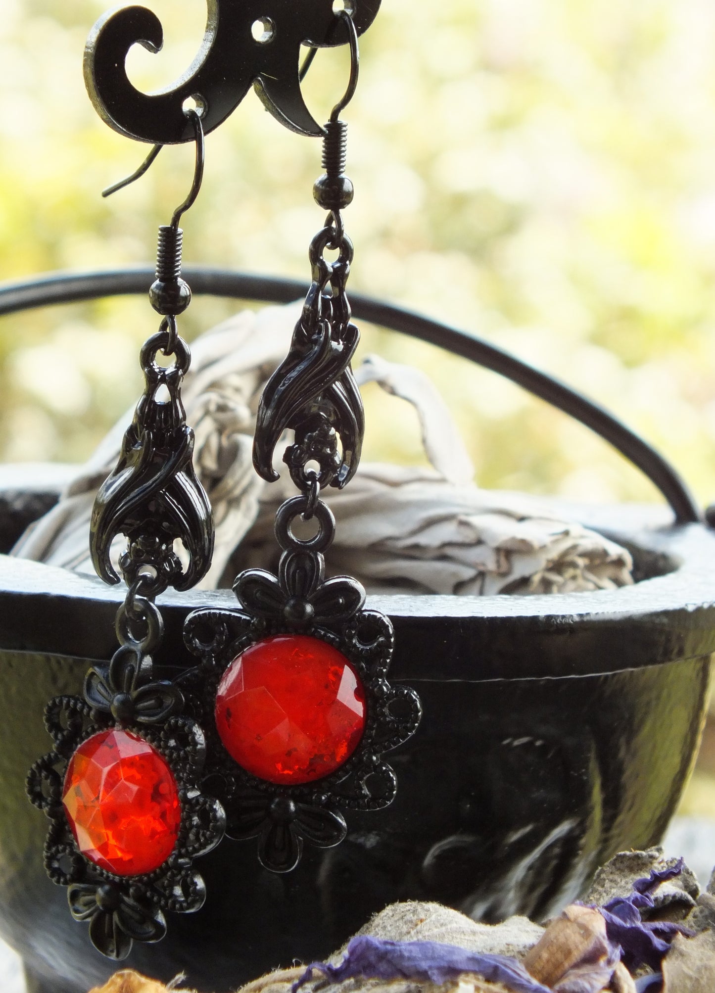 Gothic Costume Earrings With Bats Blood Red