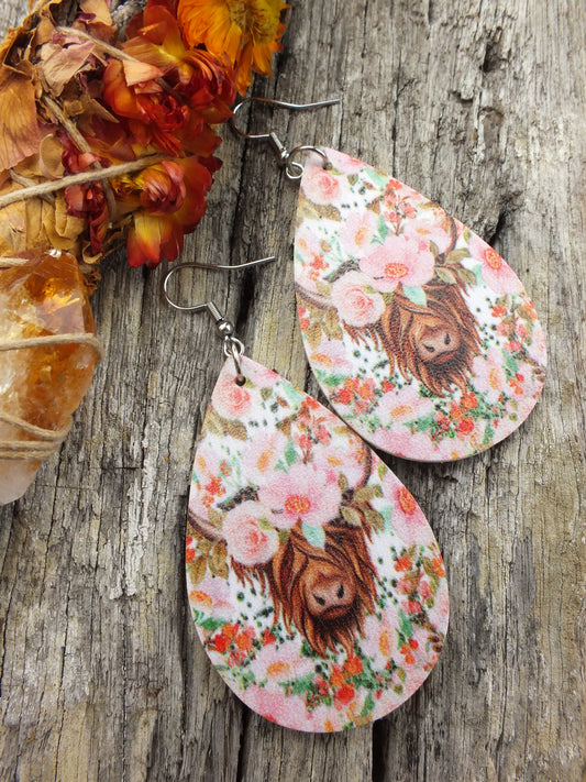 PU Leather Floral "Pretty In Pink" Highland Cattle Earrings