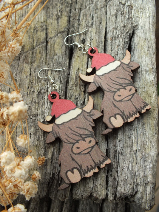 Wooden Highland Cattle Christmas Earrings