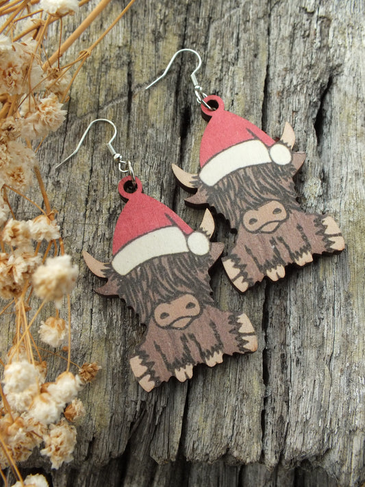 Wooden Highland Cattle Christmas Earrings