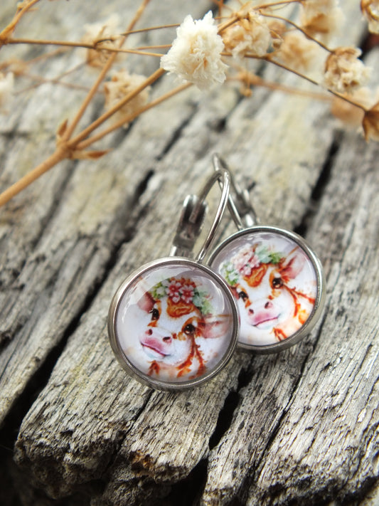 Cute Floral Cow Cabochon Earrings