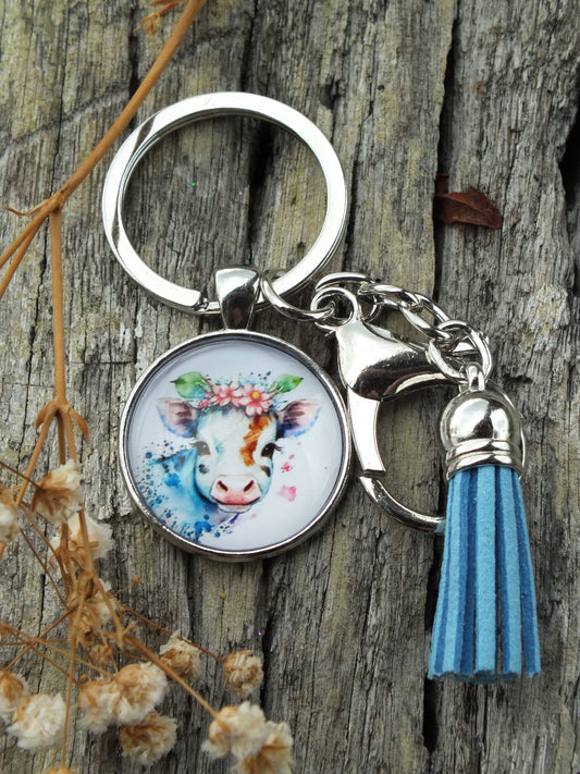 Cute Floral Calf Cabochon Keyring With Tassel