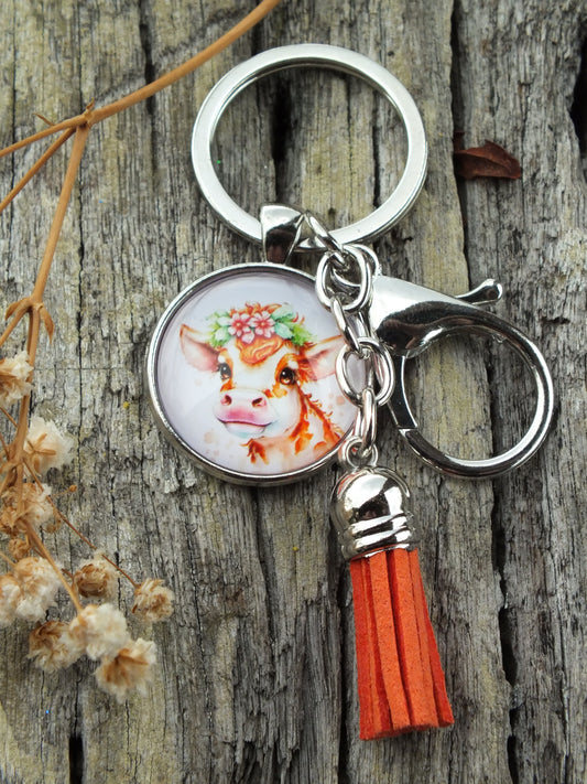 Cute Floral Cow Cabochon Keyring With Tassel