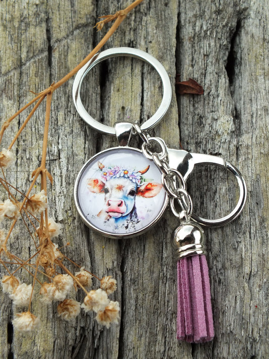 Cute Floral Cow Cabochon Keyring With Tassel