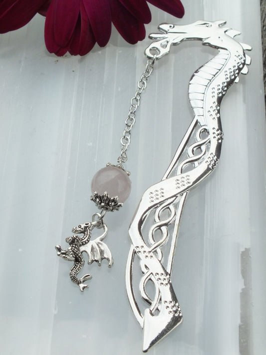 Metal Dragon Bookmark - Rose Quartz