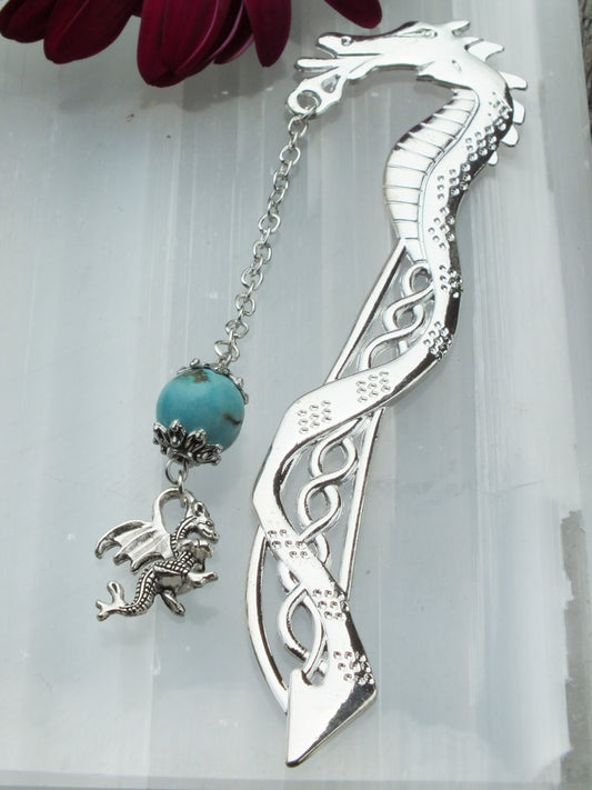 Metal Dragon Bookmark - Turquoise Howlite (Dyed)