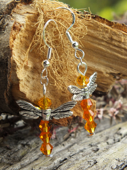 Crystal Dragonfly Earrings - Orange