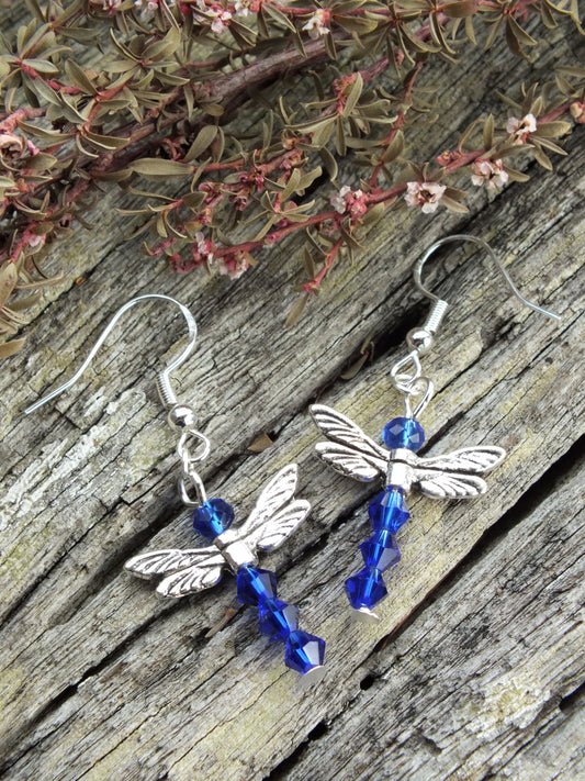 Crystal Dragonfly Earrings - Dark Blue