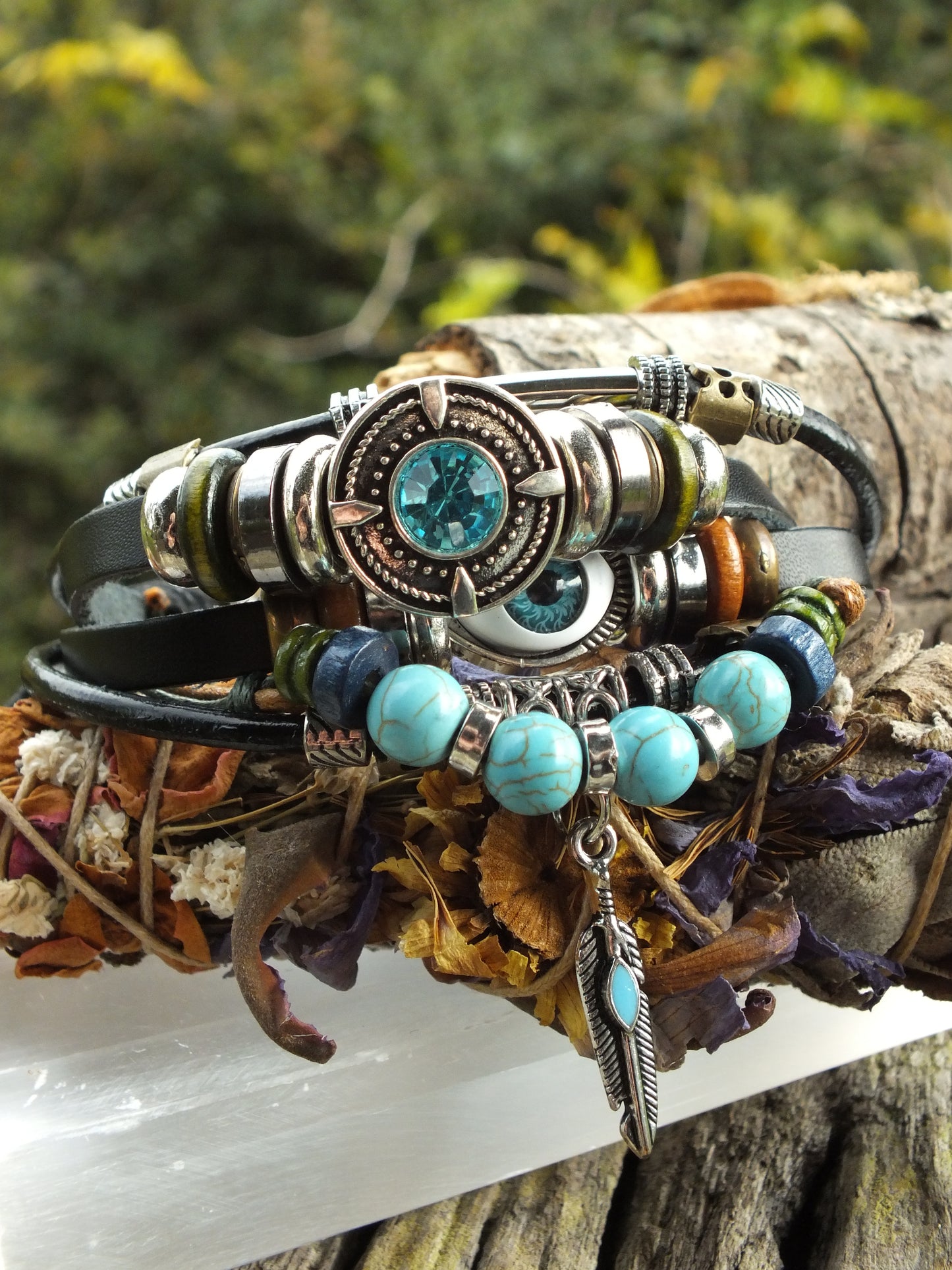 Leather & Bead Evil Eye Snap Button Bracelet