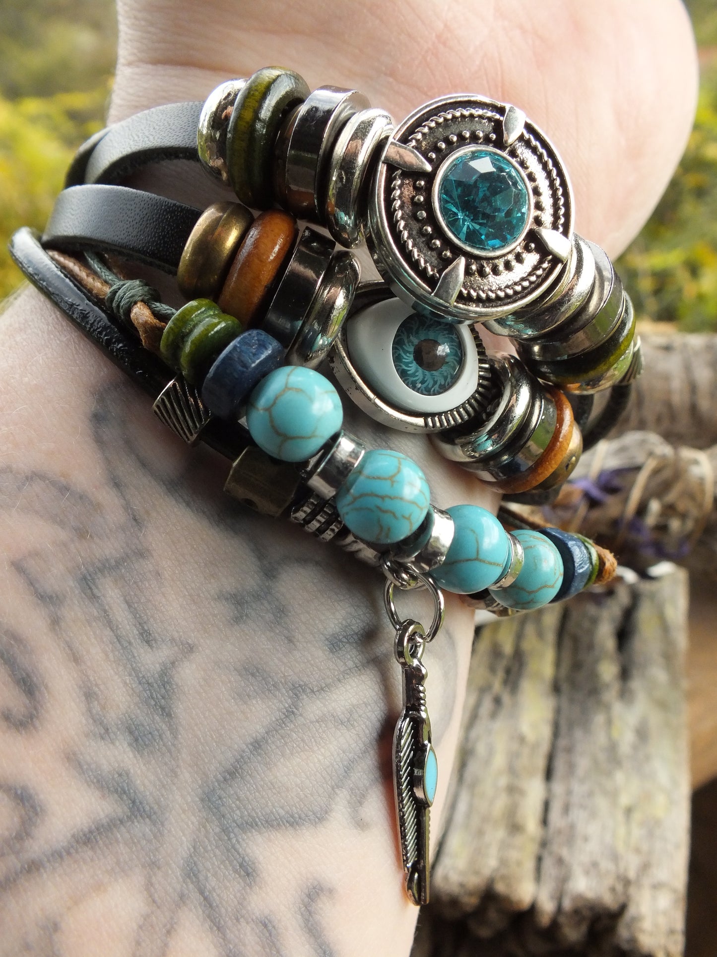 Leather & Bead Evil Eye Snap Button Bracelet